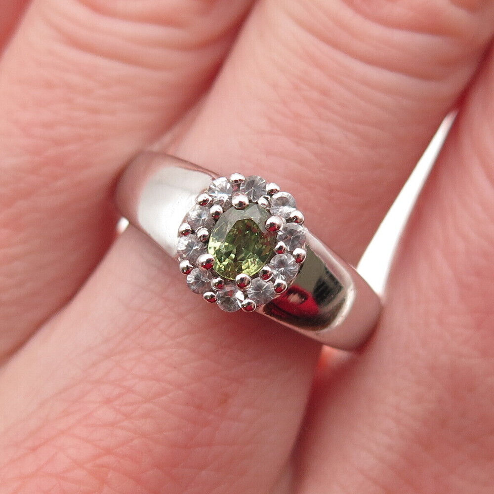 925 Sterling Silver Real Peridot & White Topaz Ring Size 8